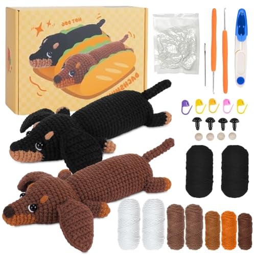 Zinueen Häkelset für Anfänger, Komplettes Häkelset Dackel mit 2 Farben Braun ＆ Schwarz, Strickset Häkeln für Anfänger, Crochet Set DIY mit Anleitung, Häkelnadel, Häkelgarn und Zubehör