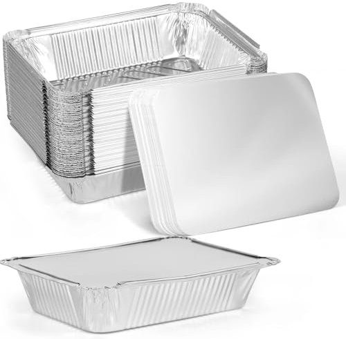 GZKDKZB 100/50 Pezzi teglie in Alluminio con coperchi Piatti in Alluminio teglia contenitori in Alluminio per friggitrice ad Aria Forno Cottura (50 Pezzi)