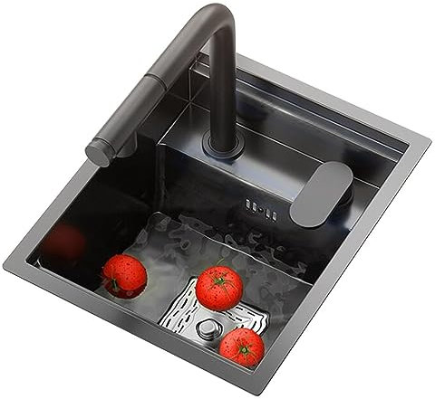 asdchZen Lavelli da Cucina, Lavello da Bar con Una Vasca, Lavello Multifunzionale in Acciaio Inox con Sifone per Lavabo da Appoggio E Sollevabile, Acciaio Nero, 32 * 39 * 22 Cm