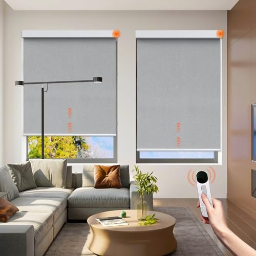 Motorized Blinds with Remote, 100% Blackout Roller Shades, Cordless Smart Blinds for Indoor Windows, Customized Electric Window Shades Compatible with Alexa Google Homekit, White 34W X 72H