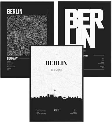 ag.art deco® 3er Set Poster 40x50cm Wanddeko Wohnzimmer Ideal als Geschenk | Berlin Schwarzweiß Bilder mit Rahmen hochwertiger Kunstdruck Modernes Wandbild Stadtplan Berlin Schlafzimmer Wohnzimmer, Flur