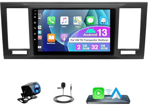 Surakey 2+32G Android 13 Radio Coche para VW T6 Transporter Multivan 2016-2022 con Wireless Carplay Android Auto 9 Pulgadas Radio con GPS Bluetooth WiFi FM/RDS SWC Micrófono+Cámara Trasera