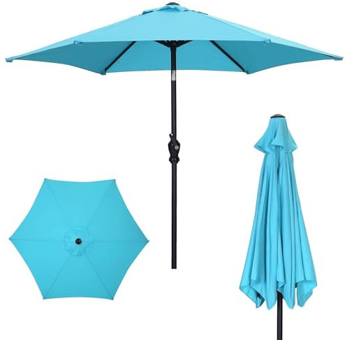 Sonnenschirm, Sonnenschirm Fransen 7,5 Fuß Terrassenschirm mit Quaste, Tischschirm for den Außenbereich, Marktschirm mit 6 stabilen Streben, mit Neigung per Knopfdruck und Kurbel for Garten, Rasen, Te