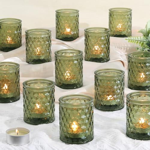 LETINE 12 Stück Grün Teelichthalter, Glas Kerzenhalter, 6,7 X 5,5 cm | Langlebig und Hochwertige Teelichtgläser, Kerzengläser Geeignet für Partys, Festivals, Hochzeiten, Heimdekoration