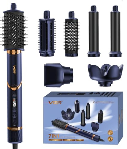 VGR 477 7 in 1 Heißluft Multi-Styler mit LED Display, BLDC Motor 110000RPM, 4 Temperatur & 3 Geschwindigkeitsstufen, Ionentechnologie, 360° Drehkabel, 1200–1400W Haartrockner & Lockenstab Set, Blau