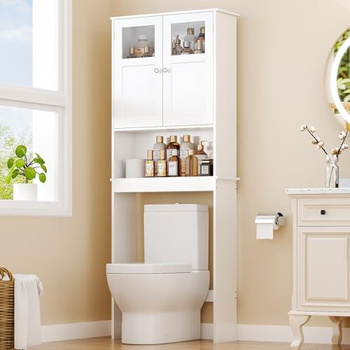 LEADZM Meuble de WC avec étagère réglable et Placard à 2 Portes Verre | Blanc