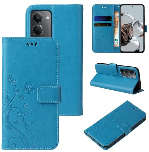 LBH Handy Hülle für Xiaomi Redmi 15/15 5G Case Handytasche Schmetterling Blumen Flower Standfunktion Schutzhülle Magnet Rundum Schutz 360 Grad Flipcase Cover Blau