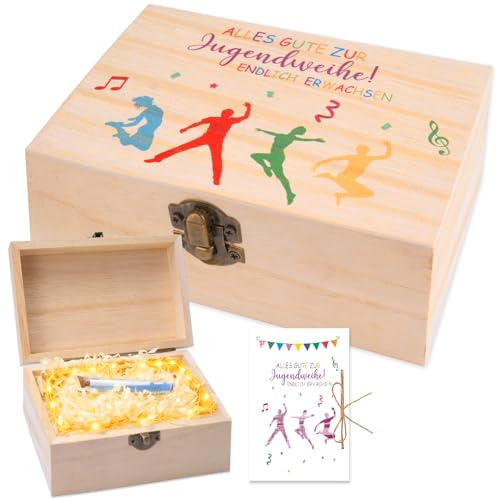 YYSWSAKY Jugendweihe Geldgeschenk Holzbox Jungen Mädchen, Jugendweihe Geldgeschenk Verpackung - Holzbox | Grußkarte | Raffia Gras | LED Lichterketten