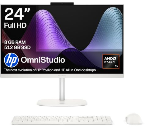 HP OmniStudio All-in-One Desktop PC | AMD Ryzen 5 40 | 8GB RAM | 512GB SSD | AMD Radeon 610m Graphics | 24” Full HD Display | Dual Speakers | Wireless Keyboard & Mouse | Windows 11 | White | 24-cv0000sa