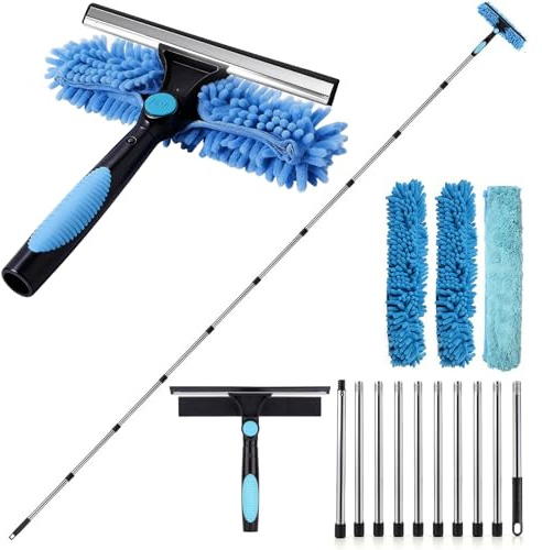 Window Cleaning Equipment 2-in-1,390cm Telescopic Window Cleaner with Silicone Squeegee&Microfiber Cloths(153In),Long Handle Window Squeegee Kit with Rotatable Head for High Windows,Shower Glass & Car