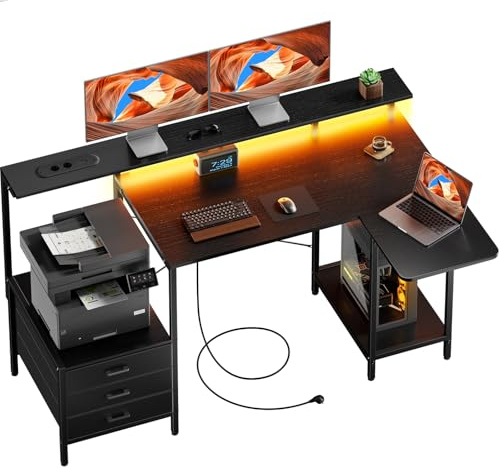 SOLAVERO Scrivania Angolare con Piano Pieghevole, 140cm Scrivania Gaming a l con Prese & USB-C, Tavolo Computer con Cassetti in Tessuto, Tavolo Ufficio con Supporto per Monitor, Nero