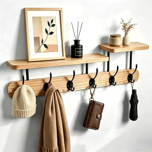 Qivra Garderobenleiste Holz mit Ablage & 6 Haken, 59 * 18cm Kleiderstange Wandmontage, Große Hutablage Garderobe, Wandgarderobe Holz vintage für Flure/Garderoben/Schlafzimmer/Bad