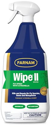 Farnam Wipe II Brand Horse Fly Spray with Citronella, Kills and Repels Flies, Conditions Coats, 32 oz