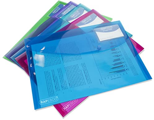 Rapesco 0700 Sammelmappe mit Druckknopf, A4+, Sortierte Transparente Farben, 5 Stück