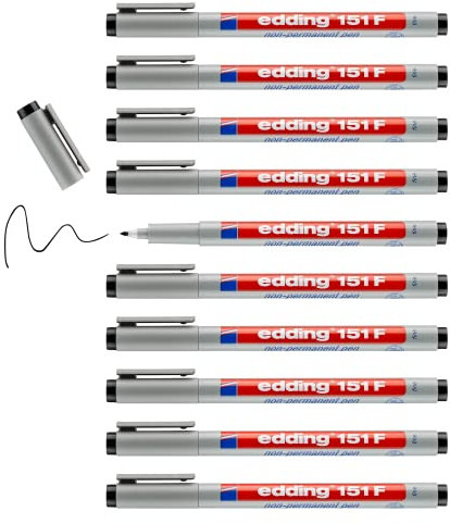 edding 151 F Non-permanent pen - schwarz - 10 Stifte - Rundspitze 0,6 mm - Stift zum Schreiben auf Glas, Kunststoff, Folien und glatten Oberflächen - schnelltrocknend, mit Wasser korrigierbar