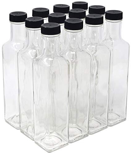 nicebottles Bottiglie Quadra in vetro trasparente, 250 ml, tappi neri, confezione da 12
