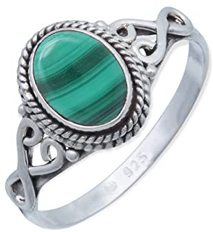 mantraroma Damen Ring 925 Silber Malachit Edelstein grün ausgefallen verspielt