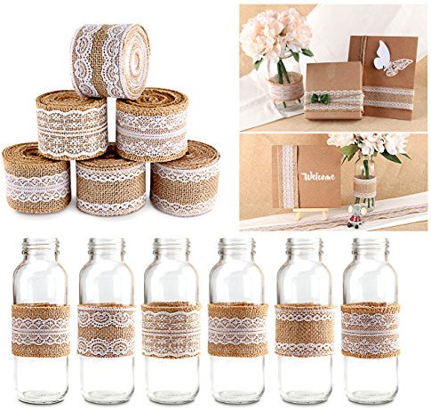 Absofine Vintage Leinwand Natürliche Sackleinen Spitzeband Rolle mit Weisse Spitzen Hessische Jute Band Handwerk Farbband für Handwerk Hochzeit DIY Scrapbook Haus Deko