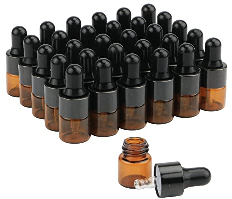 glasstore 30Pcs Amber Glass Dropper Bottles Mini Empty Sample Vials Essential Oil Dropping Bottles Perfume Jars Cosmetic Container with Glass Eye Dropper and Black Caps (1ml)