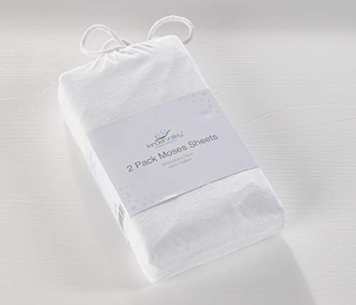 Kinder Valley Moses Basket Mattress Sheets - 2 Pack White Moses Basket Mattress Sheets for Luxurious Comfort, Soft Poly Cotton Durable Fitted Sheets, Easy to Maintain & Machine Washable | 75cm x 30cm
