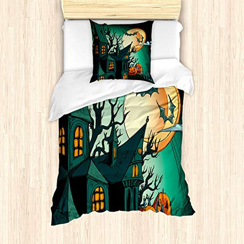 ABAKUHAUS Teal Bettbezug Set für Einzelbetten, Halloween Spukschloss, Milbensicher Allergiker geeignet mit Kissenbezug, Orange Teal