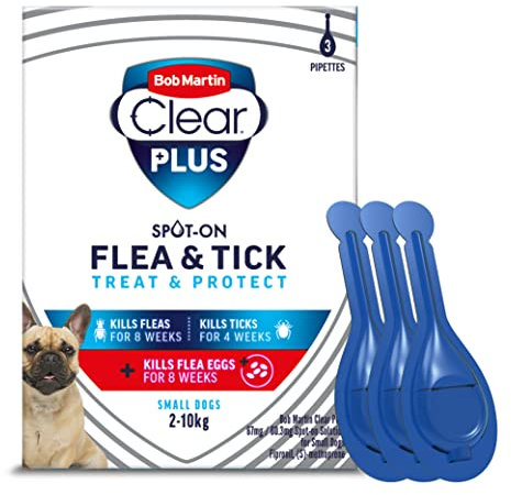 Bob Martin Clear Plus Spot On Flea Treatment for Small Dogs (2-10kg) - Kills Fleas, Ticks, Lice and Flea Eggs (3 Pipettes)
