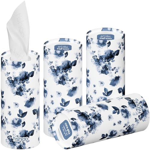 tishoo extra weiche 4-lagig Taschentücher mit Feuchtigkeitscreme | für Becherhalter im Auto, Zuhause und Reisen | 4 Tuben in kunststofffreier Verpackung | Blue/Floral