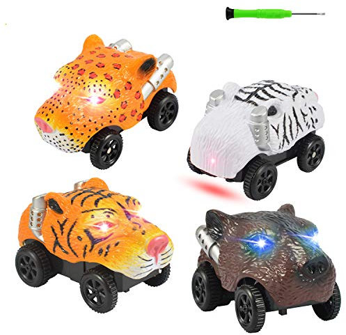 Unicorn Tracks Cars Replacement, Glow in The Dark Toy Cars for Kids, 4pack with 3 Flashing LED Lights