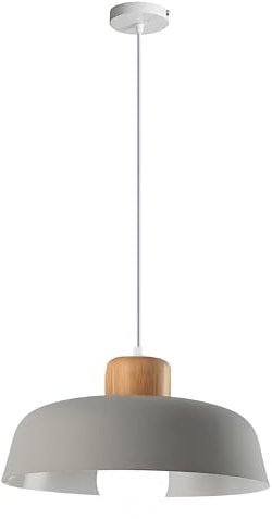 HJXDtech Moderner Minimalismus Pendelleuchte, E27 Holz Lampenfassung, 30cm Grau Metall Lampenschirm, Höhenverstellbar LED Hängelampe für Küche Schlafzimmer Esstisch