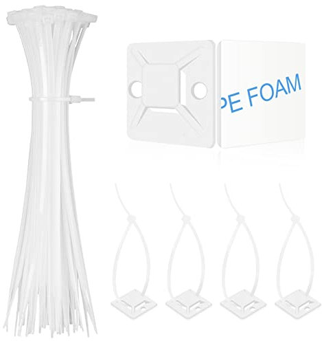 Bolatus 100 Stück Kabelbinder + 100 Stück Selbstklebende Kabelbinderhalter Kabel Binder Nylon Kabelbinder Set für Kabelmanagement Hause und Büro(150 x 2mm Weiß)