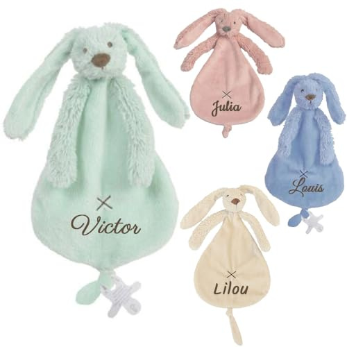 Vanevitch Doudou Attache Sucette personnalisé avec Le prénom de bébé, Lapin en Velours Doux, pour Un Cadeau de Naissance baptême, 20cm, Fille garçon, dés la Naissance