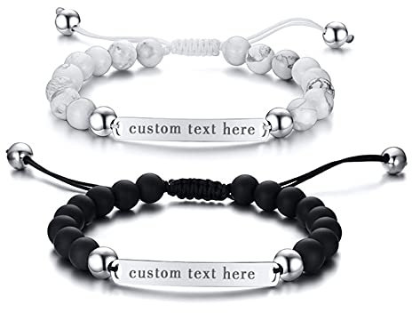 JewelryWe Valentinstag Schmuck Paar Armbänder mit Gravur, Personalisierte Geflochten Weißen Türkis Matte Stein Verstellbar Armreif Pärchen Geschenk für Herren Damen