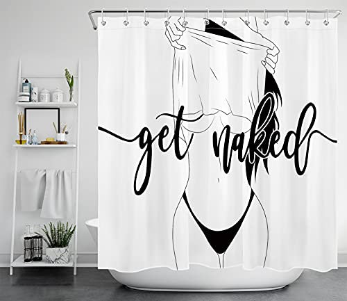 LB Nackt Werden Duschvorhang 180x200cm Sexy Mädchen Antischimmel Wasserdicht Badezimmer Vorhänge, Minimalistische Ästhetik Schwarz Weiß Extra Lange Polyester Stoff Bad Vorhang mit Haken