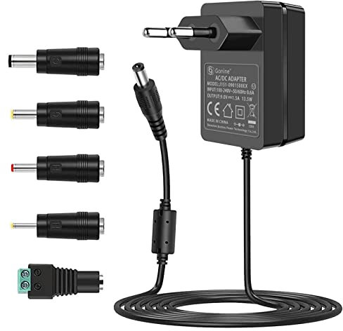 Gonine 9V 1,5A Netzteil Adapter Zentrum positiv 5,5 mm x 2,1 mm mit 5 wählbaren Spitzen für Arduino UNO R3, Router, Küchenwaage, Schwinn Bike, Ellipsentrainer, etc.