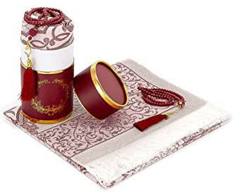 Muslimischer Gebetsteppich und Gebetskette mit eleganter Zylinder-Geschenkbox | Janamaz | Sajadah | Weicher islamischer Gebetsteppich | Islamisches Geschenkset | Gebetsteppich Matte Taftstoff Burgund