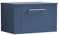 nuie DPF394W Deco Modern Bathroom Wall Hung 1 Drawer Part Fluted Vanity Basin Unit with Worktop, 600mm, Satin Blue