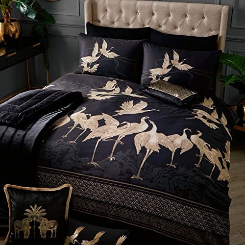 Laurence Llewelyn-Bowen Bettwäsche-Set für King-Size-Betten (220 x 230 cm), orientalischer Kranich-Vogel-Tierdruck, schwarzes Luxus-Bettwäsche-Design, Kireina-Kollektion, Schwarz/Goldfarben