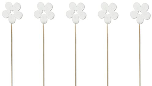 DARO DEKO Holz Blumen-Stecker Blüte weiß 5 Stück 7 x 36cm Dekostecker Blumenstab Blumenstab Holzstecker