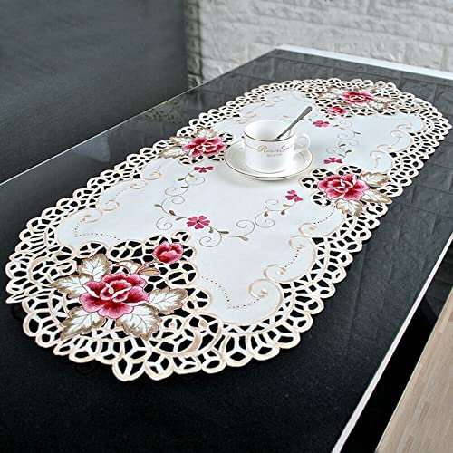 Lioaeust Spitzentischdecke, ovale Spitze, bestickt, Blumenmuster, kleine Tischdecke, Heimdekoration, 40 x 85 cm