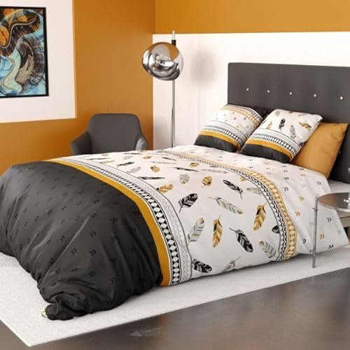 Housse de Couette 220x240 cm + 2 taies d'oreiller 63x63 cm 100% Coton 57 Fils Plumes - Parure de lit 3 pièces 100% Coton 240x220 (LargeurXLongeur)