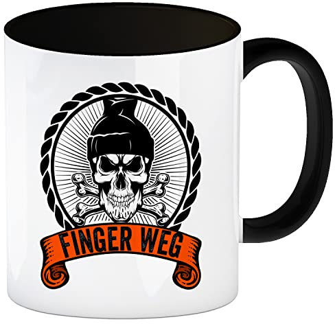 Totenkopf Finger Weg Kaffeebecher in schwarz mit Banderole in orange markiere auf der Arbeit deinen Kaffee Totenkopf Tasse Schädel Kaffeetasse Knochen Totenköpfe dekorativ