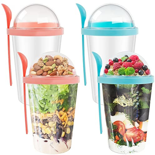 Take and Go Yoghurt Pot Set 4Pcs Overnight Oats Container with Spoon 13.5oz Leakproof Breakfast On The Go Cups with Topping Cereal Cup Dishwasher Safe Overnight Oats Jars for Milk Cereal Salad