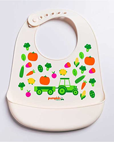 Silikon Lätzchen 100% BPA-frei mit Traktor und Gemüse, Pumpkin Organics | Gemüseliebe von Beginn an: Silikon Lätzchen (BPA-frei), spülmaschinengeeignet, größenverstellbar, Auffangschale, 0+ Monate