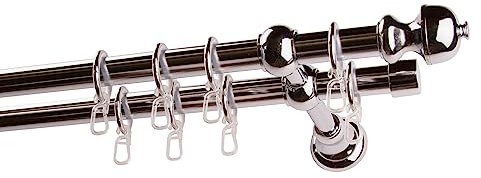 Garesa Gardinenstange Andrea Ø 20mm, 2-läufig, Chrom I Stabile Vorhangstange inkl. Ringe + Faltenlegehaken I Mit Endknopf Profil klein I 150cm