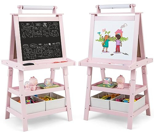 GOPLUS Tableau Enfant Double Face, Chevalet Enfant avec Tableau Blanc/Noir Magnétique Effacable, Rouleau de Papier 2 Boîtes de Rangement, pour 3+ Ans (Rose)