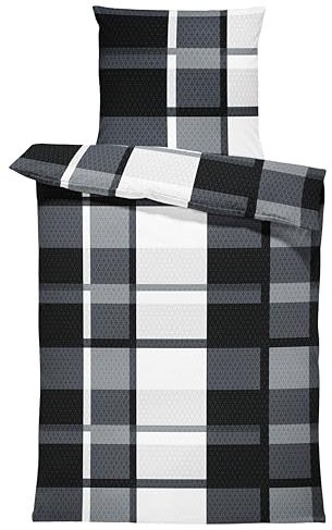 one-home Bettwäsche 135x200 cm kariert gestreift schwarz grau weiß modern Microfaser