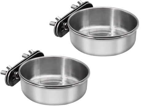 DVHEY 2 Pcs Small Bird Feeding Dish Cups,Parrot Food Bowl Cage with Clamp Holder Stainless Steel,Birdcage Coop Water Feeder for Cockatiel Parakeet Macaw Finches Lovebirds Small Animals (2 Pack, Small)