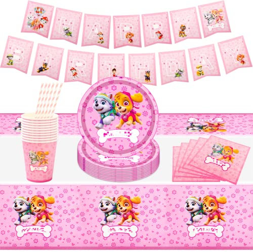 52Pcs Pink Paw Dog Party Supplies Set With Plates, Cups, Napkins and Tablecloth - Cartoon Decorations for Kids Birthday