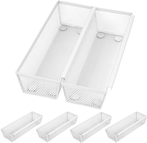 Winter Shore Panier Rangement Cuisine en Maille Blanc (Lot de 6) - Panier Metal Rangement Fin à Emboîter - Caoutchouc Antidérapant - Rangement Tiroir Cuisine Extensible pour Ustensiles & Couverts