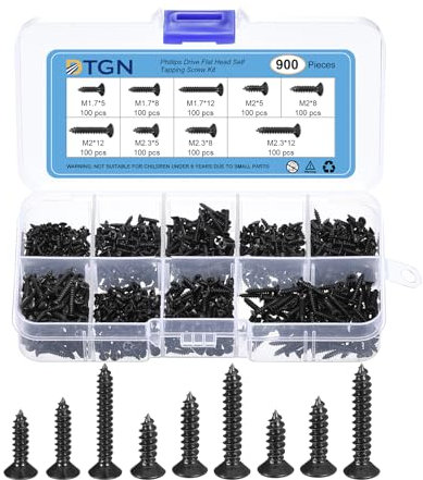 DTGN 900Pcs Wood Screws Assortment Kit - 9 Sizes Carbon Steel M1.7/M2/M2.3 Phillips Flat Head Self Tapping Screws - for Woodworking, Furniture - Black